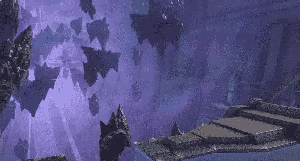 Floating black rock formations in a purple-hued chamber with metallic platforms on the right side.