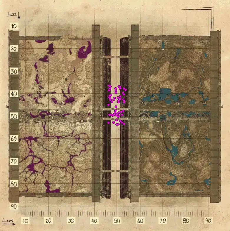 A map divided into two sections with various markings. The left section has a network of purple lines, while the right section shows blue patches. In the center, numerous pink dots are clustered around the 50-50 grid intersection.