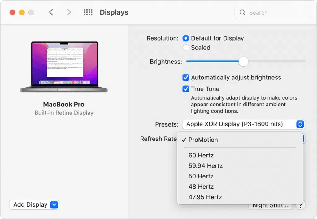 Screenshot showing how to change the Mac refresh rate