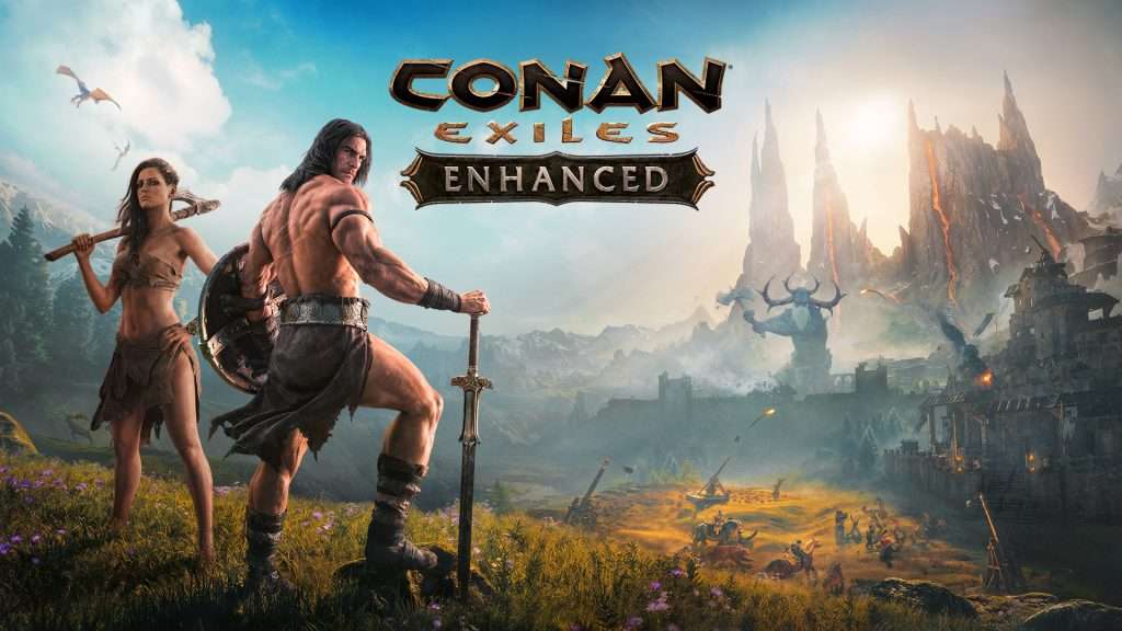 A man and woman stood on a hill with the title for the game Conan Exiles Enhanced.