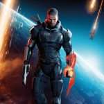 man walking with earth in the background and projectiles falling.