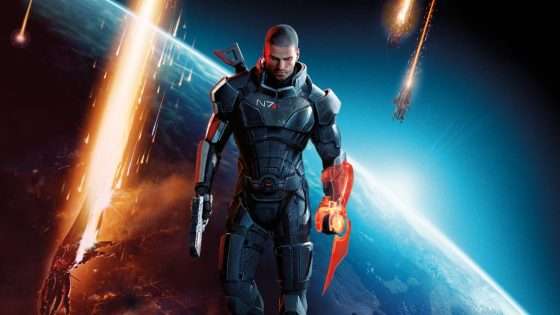 man walking with earth in the background and projectiles falling.